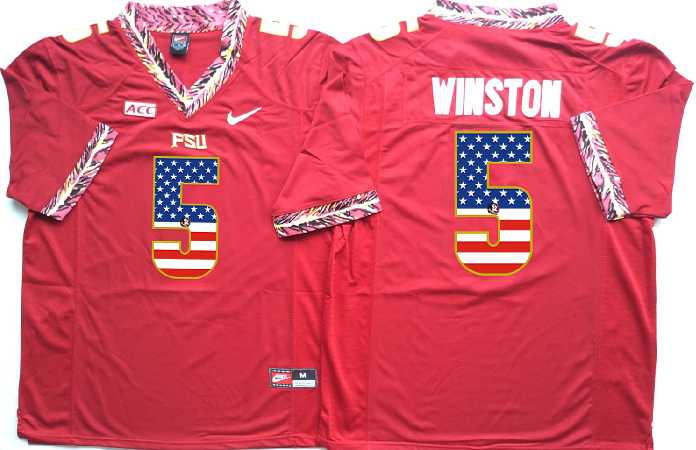 Florida State Seminoles #5 Jameis Winston Red USA Flag College Stitched Jersey